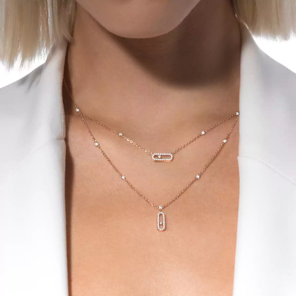 [Mysitc ] 2 Rows Rose Gold Diamond Pave_ Necklace Move Uno
